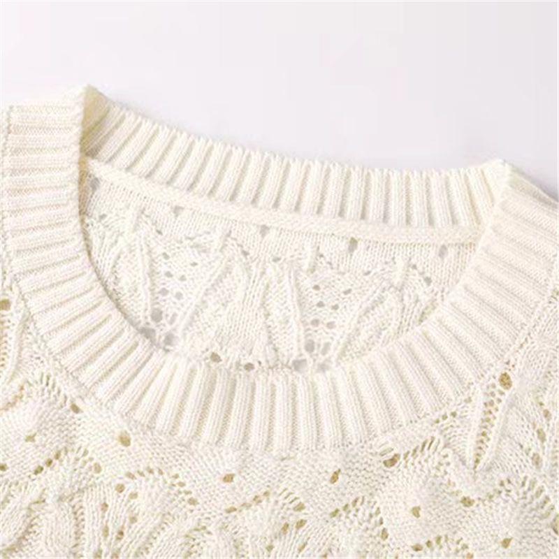 Spring/summer Women's Knitwear Thin Cut-out Bell Sleeve Knit Sweater Round Neck Loose Knit Top Knit Lace Blouse