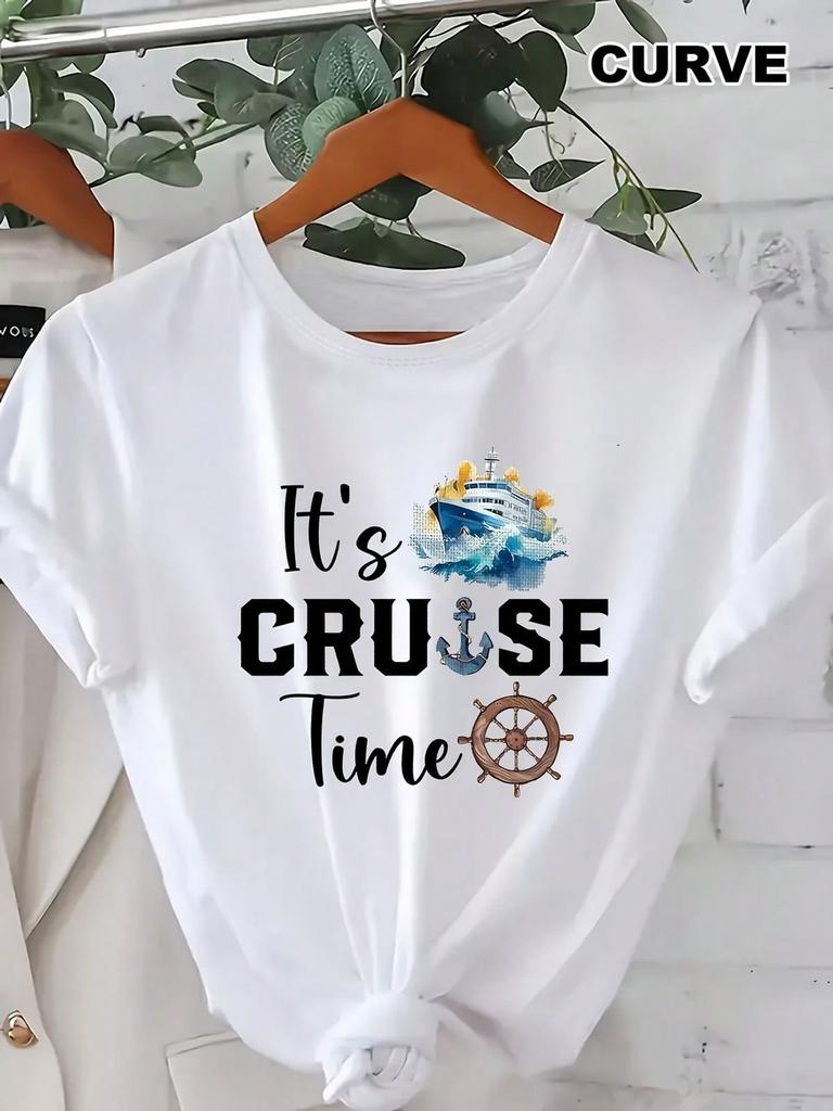 Plus Size Unisex Cruise Time Print Short Sleeve Tee Comfy Casual Top For Spring Summer Cruise Vacation