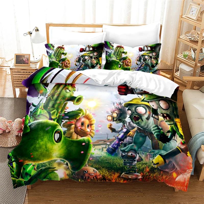 Popular Games Pattern Bedding Set 3d Plant Zombie Cartoon Duvet Cover Set with Pillowcase Single Double Queen King Bedclothes