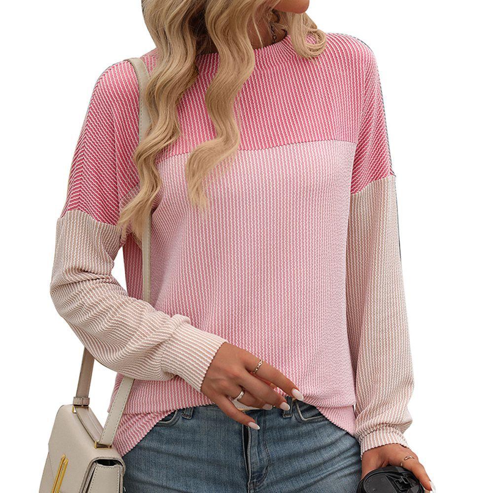 Autumn Winter New Round Neck Twisted Strip Color Matching Long Sleeve Loose T-shirt for Women