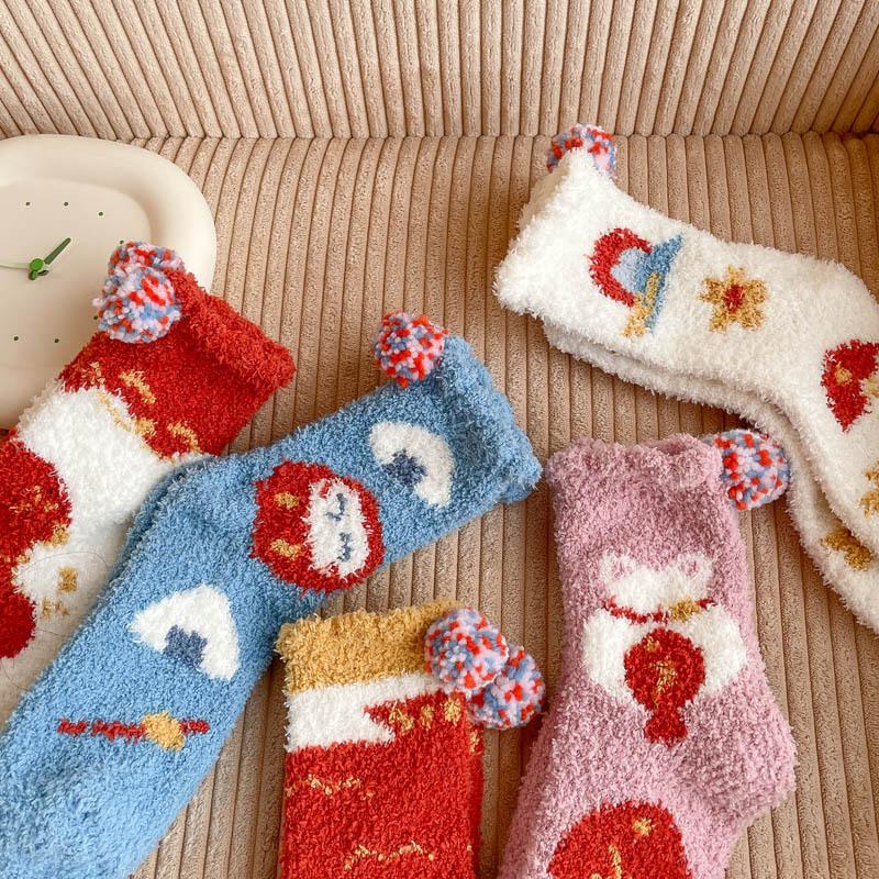5/10 пар Удобные Повседневные Зимние Носки до середины икры из кораллового флиса Осенне-зимние Утепленные Теплые Домашние Носки для пола Японский стиль Мультяшные Носки для сна
