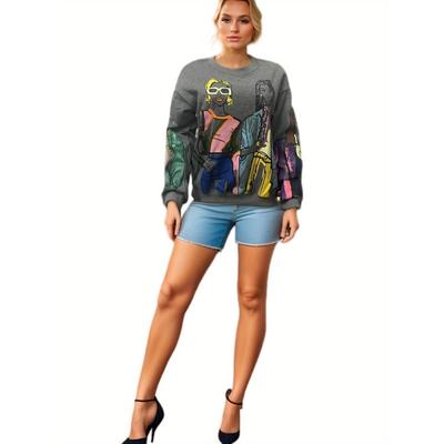 Осенне-зимняя женская теплая утепленная без капюшона круглая горловина свободная спортивная толстовка с принтом