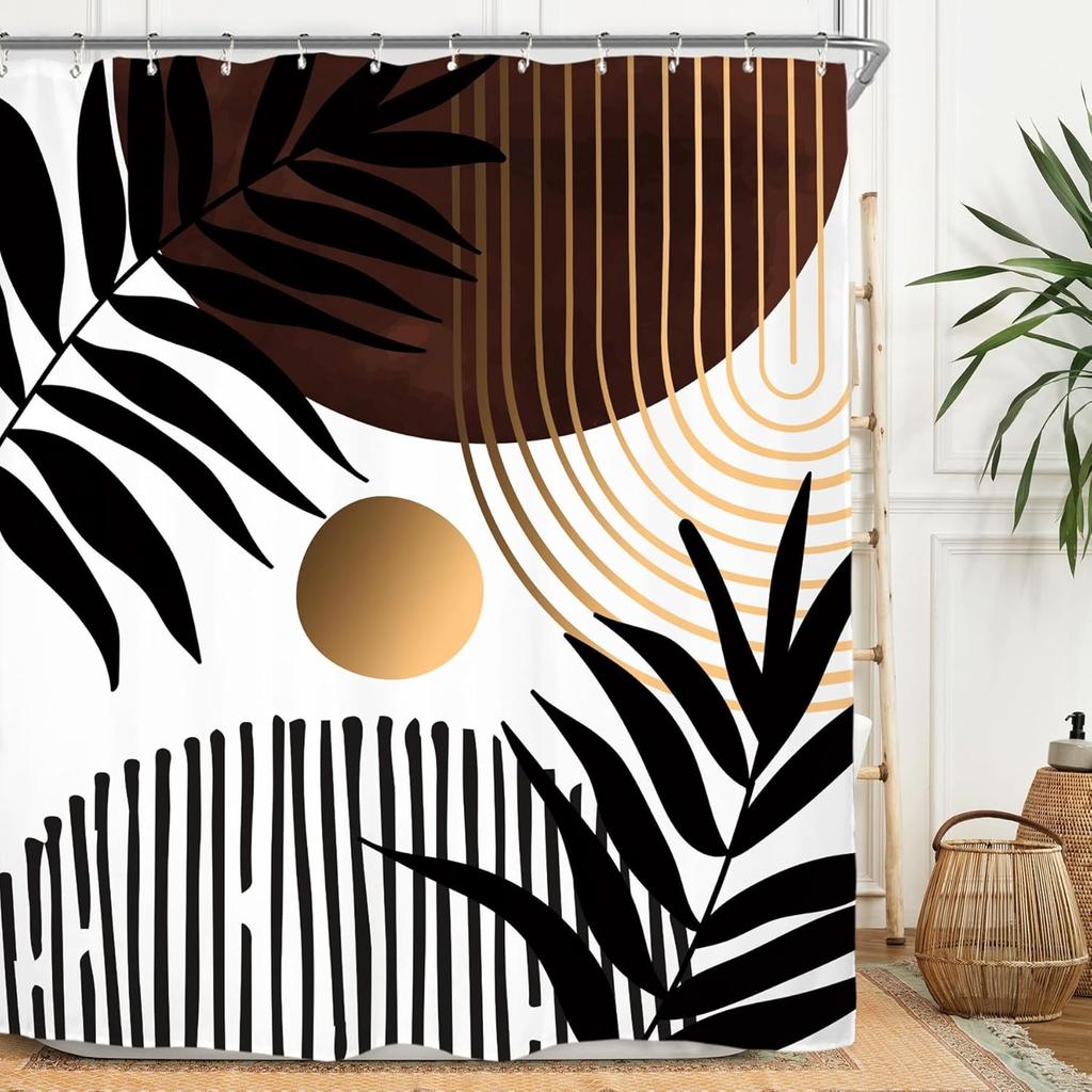 Abstract Leaves Shower Curtain Set Emerald Green Modern Tropical Mid Century Simple Minimalist Chic Polyester Waterproof Cloth