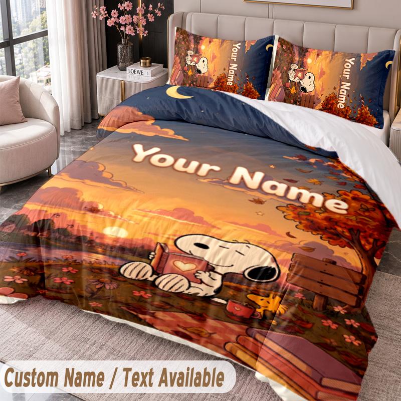 Custom Name Text 3Pcs Bedding Set Snoopy Peanuts Duvet Cover And Two Pillowcases