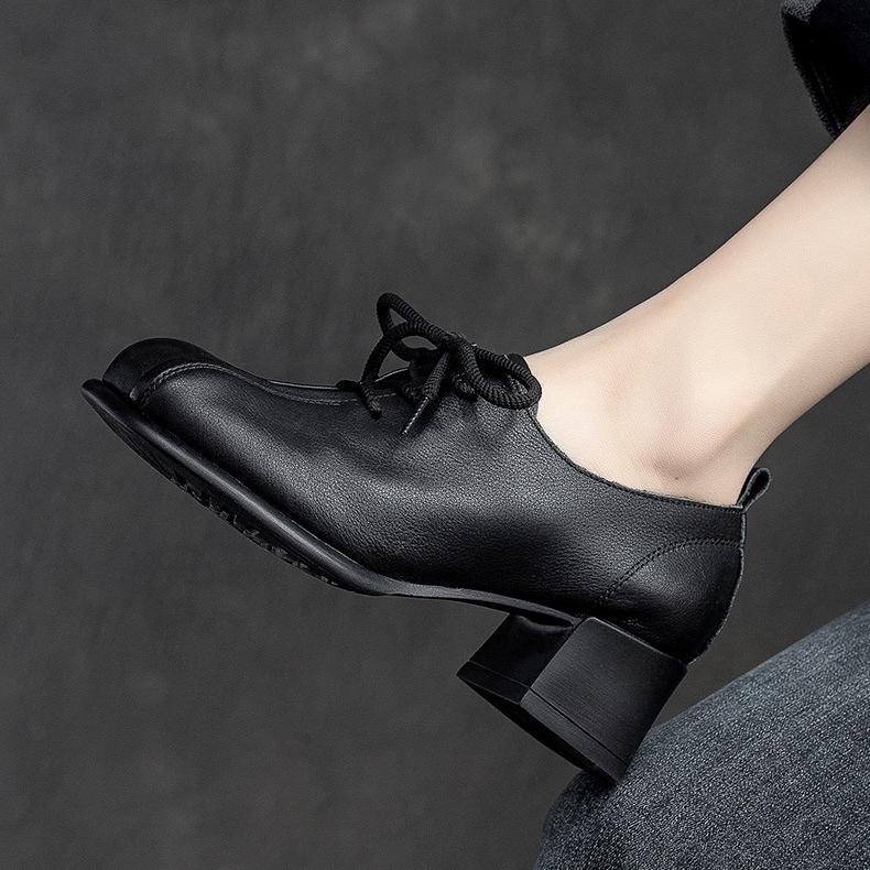 Johnature Женская обувь в стиле ретро, однотонные туфли-лодочки на среднем каблуке, туфли из натуральной кожи с круглым носком на шнуровке ручной работы