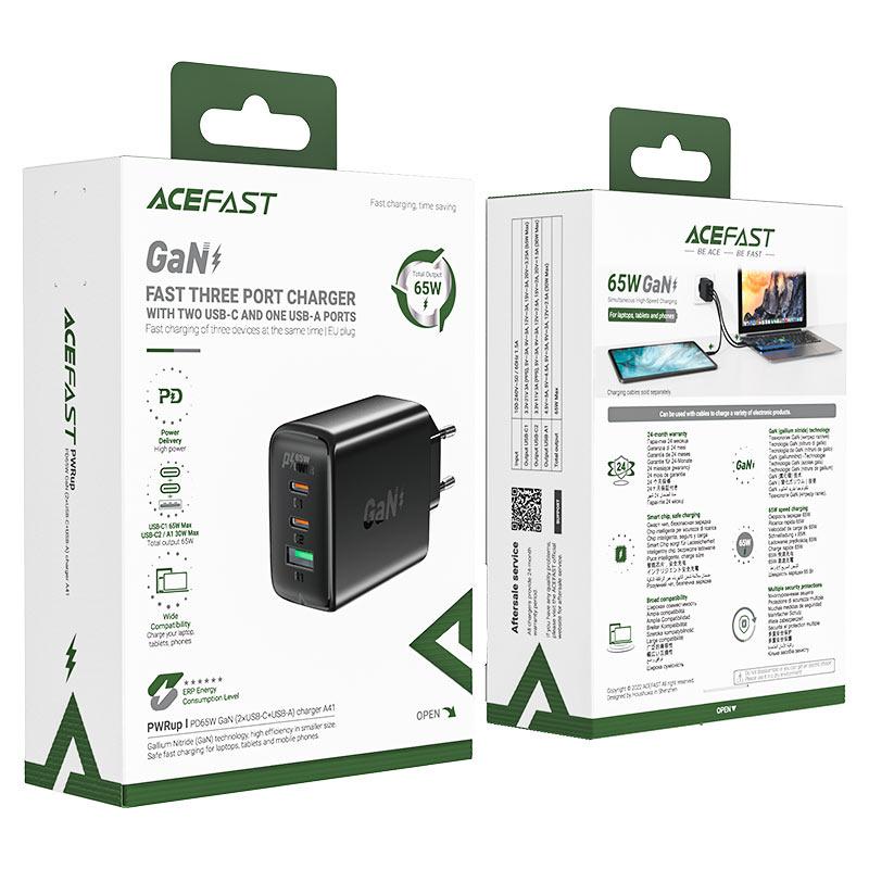 Acefast GaN Fast Wall Charger 65W (Dual USB-C & USB-A) - PPS/PD/QC4+, White (A41)