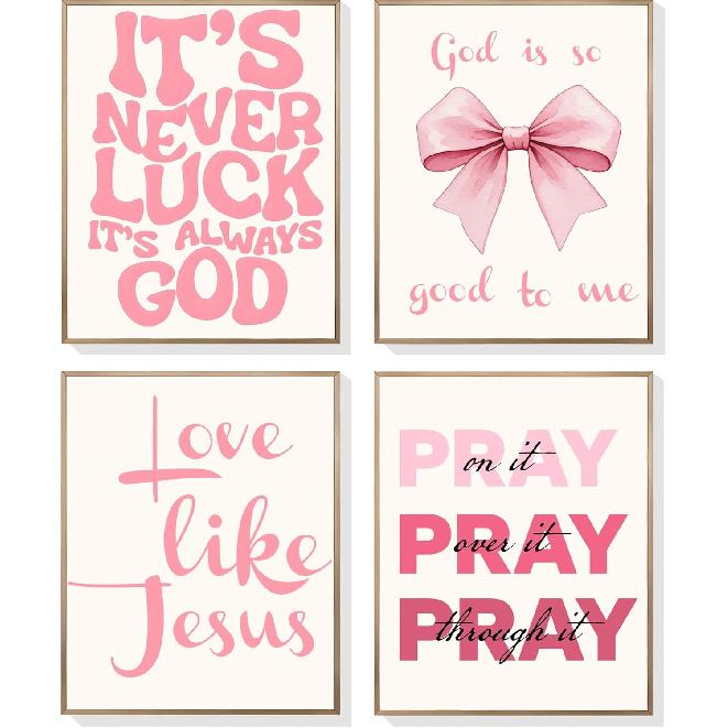EVER-GOING TUNE Pink Girly Jesus Wall Decor Set of 4,pirational Bible Verses Bow Poster,pirational Bible Verses Bow Art Decor, for Girls Bedroom