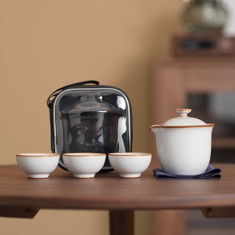 Blue and white Ru Kiln Kuaike Cup Wrapped Lotus One Pot Three Cups Travel Tea Set Portable Bag Outdoor Kung Fu Ceramics