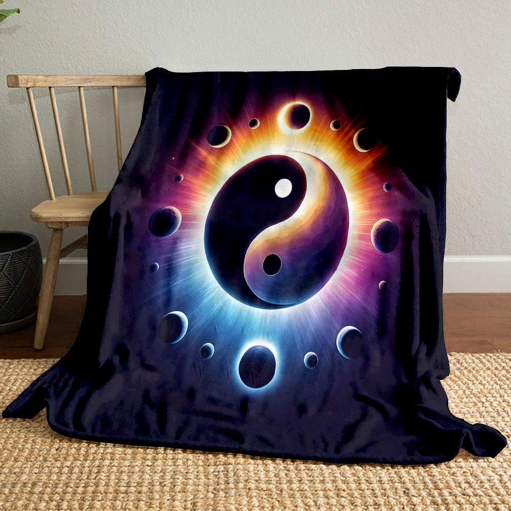 "Cosmic Yin Yang with Radiant Planets" Patterned blanket, flannel, suitable for all seasons, home decor, warm and cozy