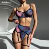 Женский комплект с бюстгальтером Tie Dye, эротическое нижнее белье, летнее тонкое сетчатое перспективное сексуальное нижнее белье на косточках, забавный комплект из 4 предметов