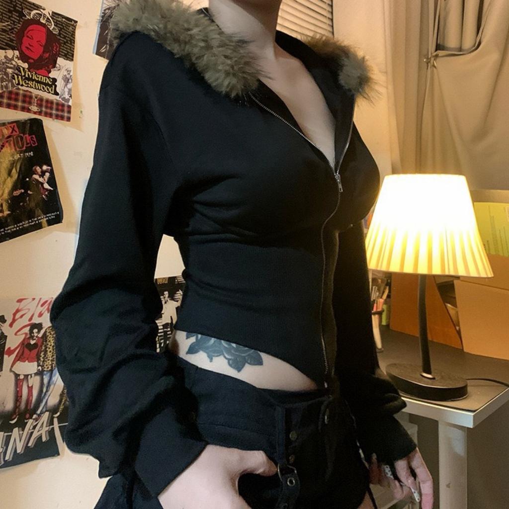 Худи на молнии с меховым воротником, модные облегающие однотонные винтажные женские куртки Y2K, повседневная уличная одежда, шикарная базовая одежда