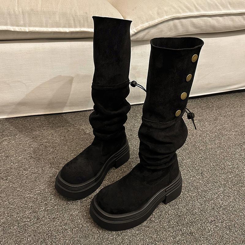 Коричневые двухслойные сапоги на толстой подошве, популярные детские осенне-зимние новые рыцарские сапоги до колена на толстом каблуке в 2024 году