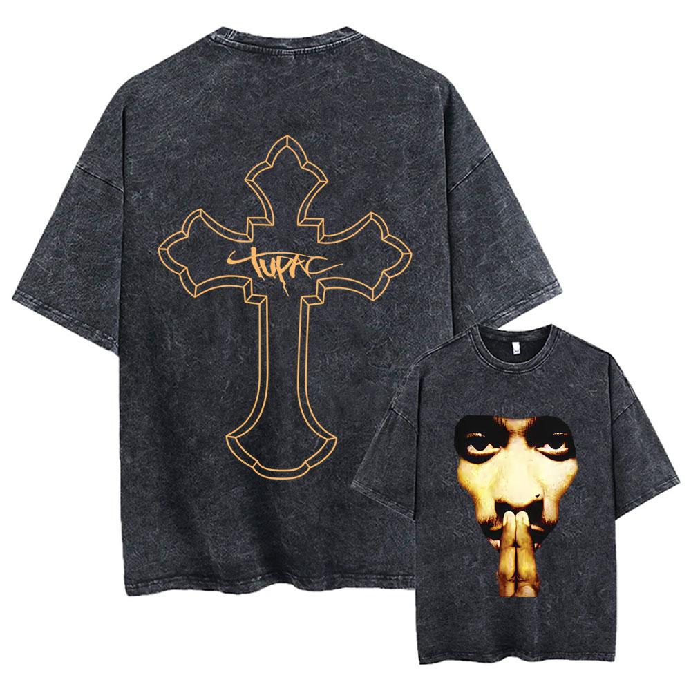 Футболка мужская Tupac 2pac All Eyez on Me Cross Винтажная стираная Хип-хоп Мода Ретро Футболка Мужская Повседневная Оверсайз Футболки