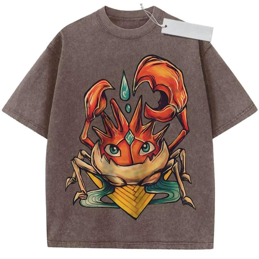 Unisex Washed Beige Vintage T Shirt Pokemon Krabby Crab Claws High Quality Fabric for Home Leisure Travel Shopping