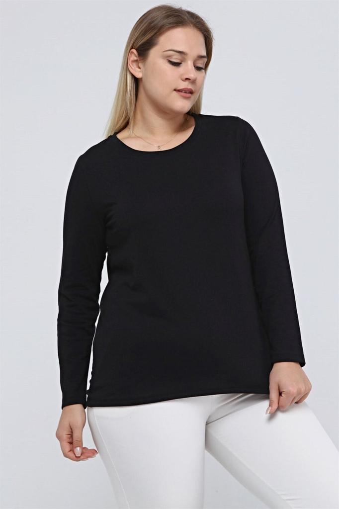 Женская стильная футболка большого размера, удобная футболка больших размеров с круглым воротником и длинным рукавом, черная