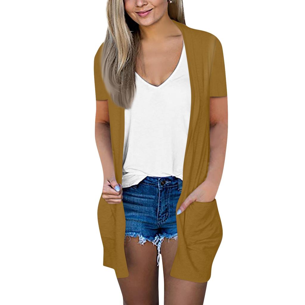 Women's Fashion Loose Casual Pocket Solid Color Cardigan Short Sleeve Jacket Top