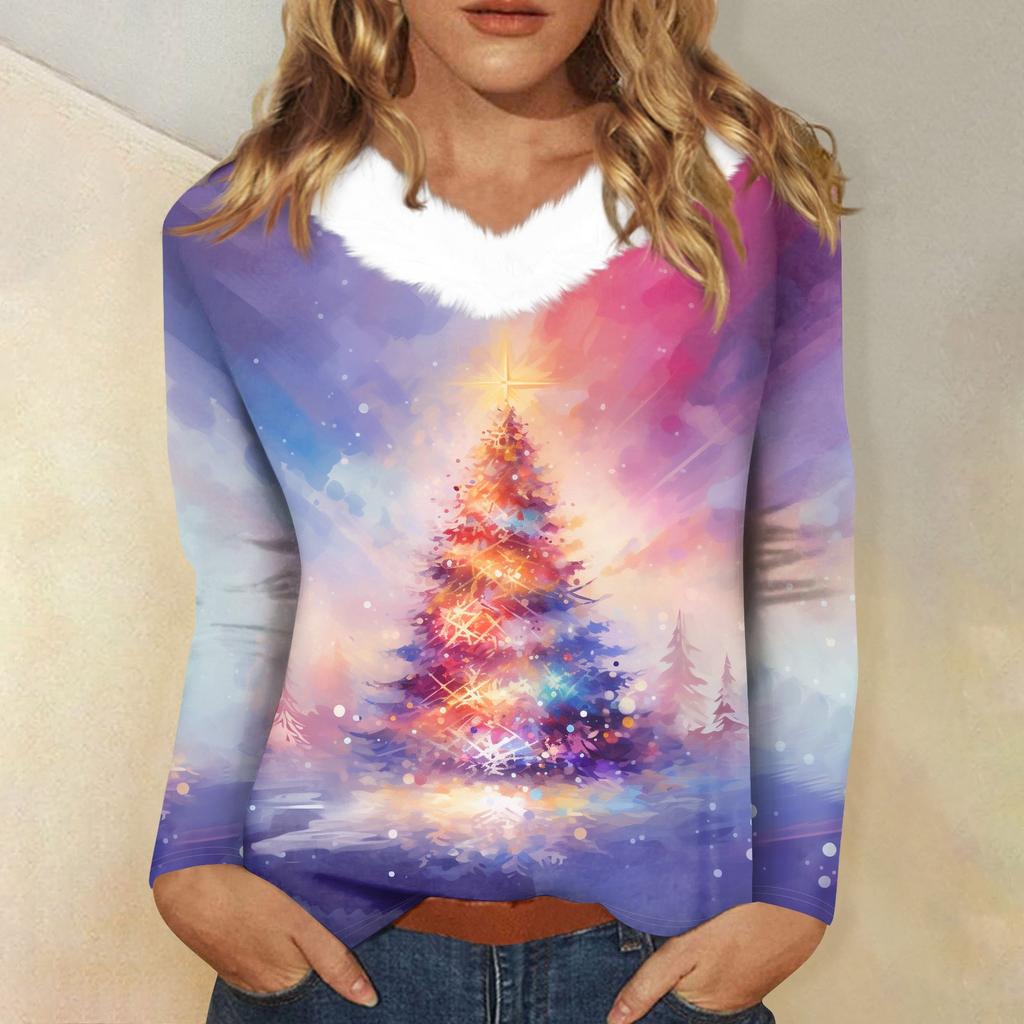 Women's T Shirt Shirt Long Sleeve Christmas Party Printed Plush Collar V Neck  Top