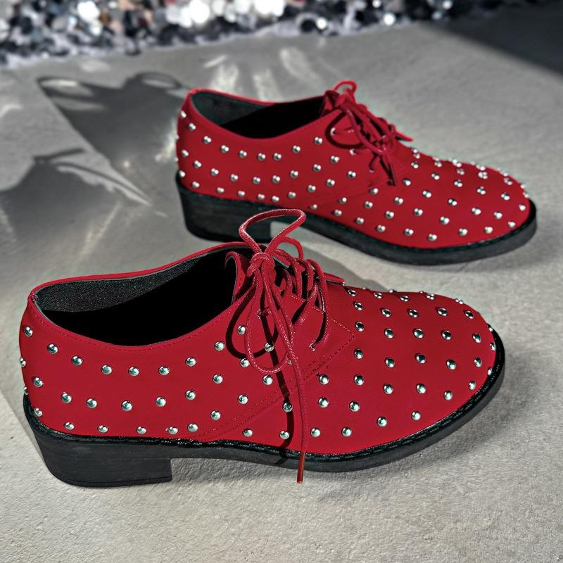 Foreign Trade Large Size Women's Single Shoes Spring New European and American Low Heel Metal Rivet Lace Lazy Fashion Single Shoes Women
