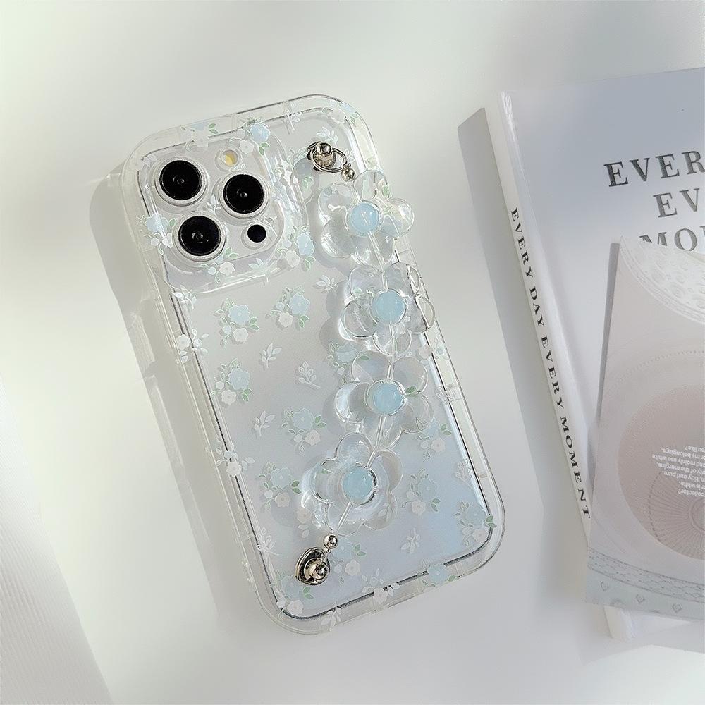 Summer Freshness with Blue Floral Pattern iphone14promax Apple15Phone case16Applicable12Transparent lanyard