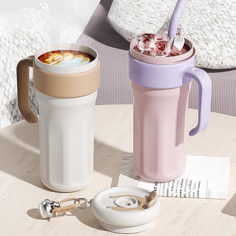 Стаканы 1,25 л с ручкой, изолированные кружки с крышками и трубочками, вакуумная изоляция для автомобиля, дорожные стаканы для кофе