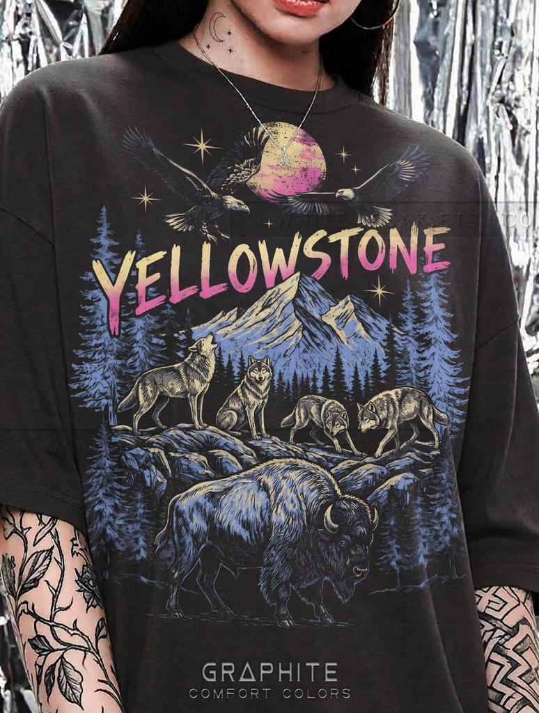 Yellowstone Bison Wolf Pack Eagle Mountain Nature Comfort Colors® Tshirt, Wildlife Animal Lover Vintage Bootleg Retro 90s Graphic Tee