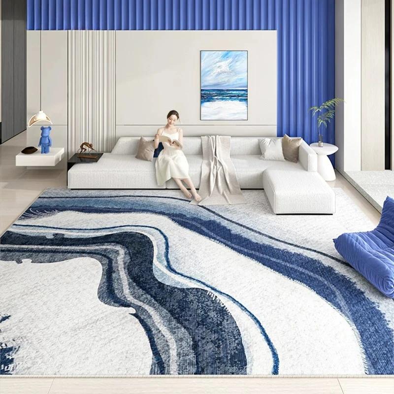 Abstract Line Area Rug White Base Blue Wavy Lines Non Slip Large Floor Carpet for Living Room Bedroom Decor