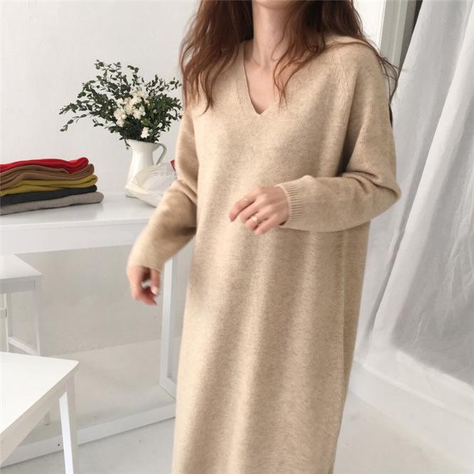 2022 Autumn/Winter Korean V-neck Chic Knit Dress - Slimming, Mid-length, Loose, Woolen Skirt