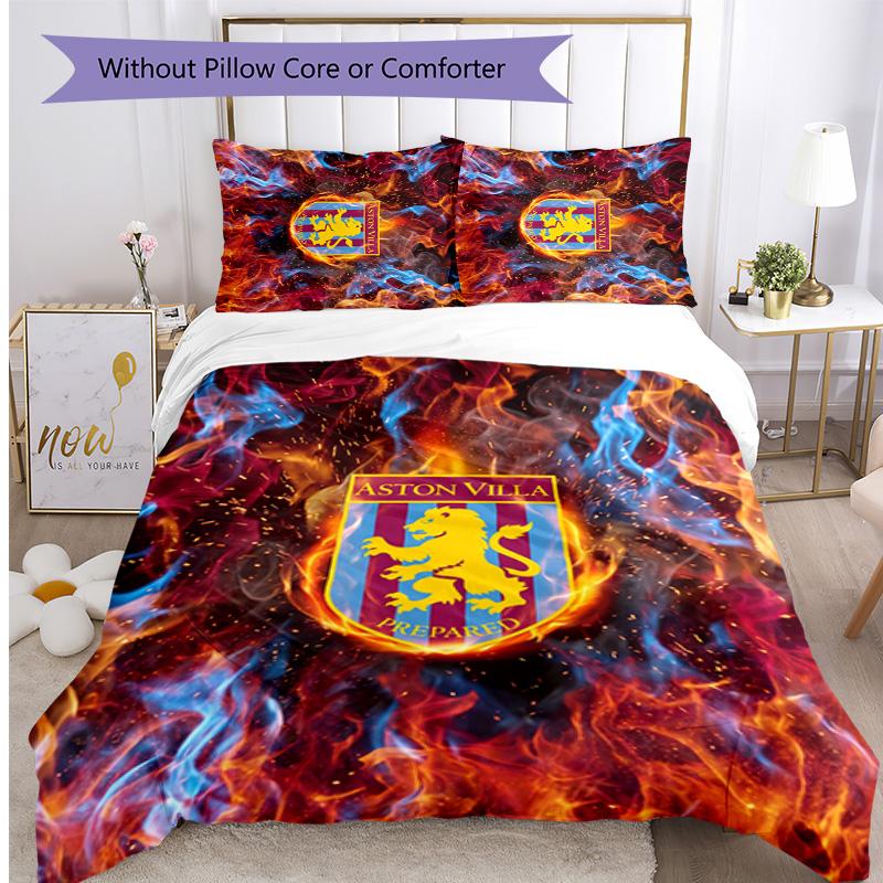 Aston Villa Football Printed 3 Pieces Bedding Set, Comfortable Skin Friendly Bedroom Duvet Cover Set