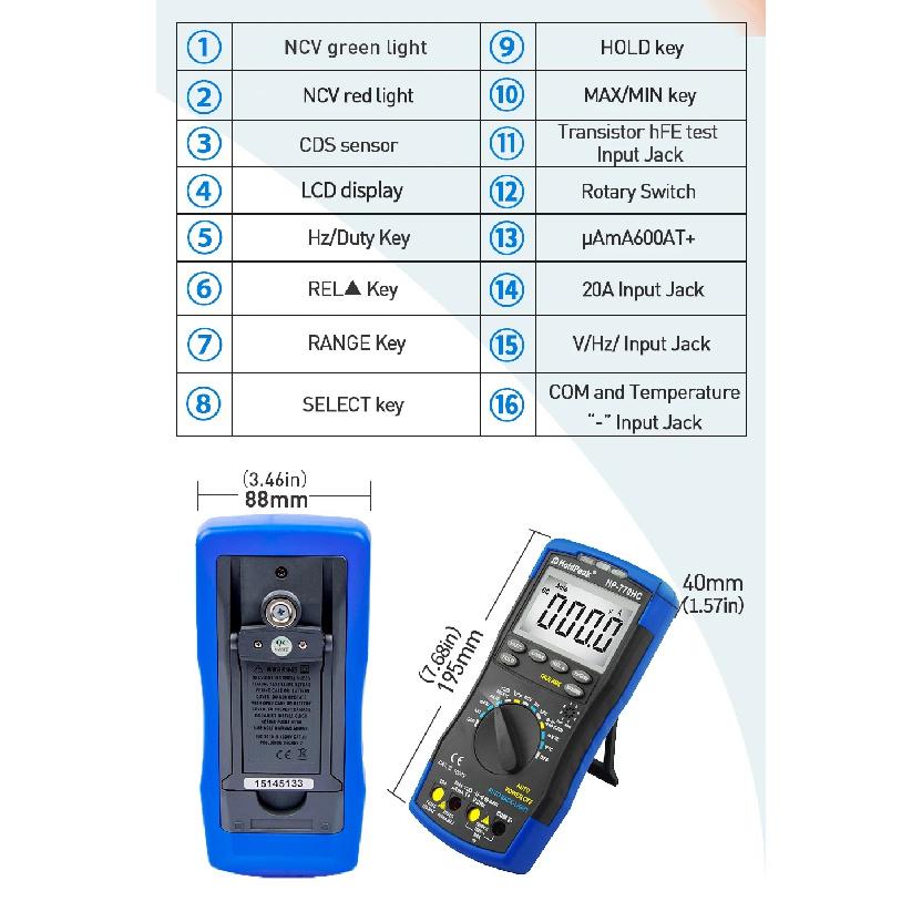 Мультиметр HoldPeak HP-770HC True RMS с автовыбором диапазона, функцией NCV и измерением температуры/частоты/скважности