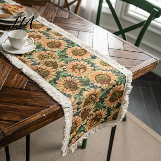 Heat Resistant Table Protector Floral Jacquard Runner, Boho Fringed Retro Linen Farmhouse Cover for Dining Table, Home Party Decor Autumnal Accents