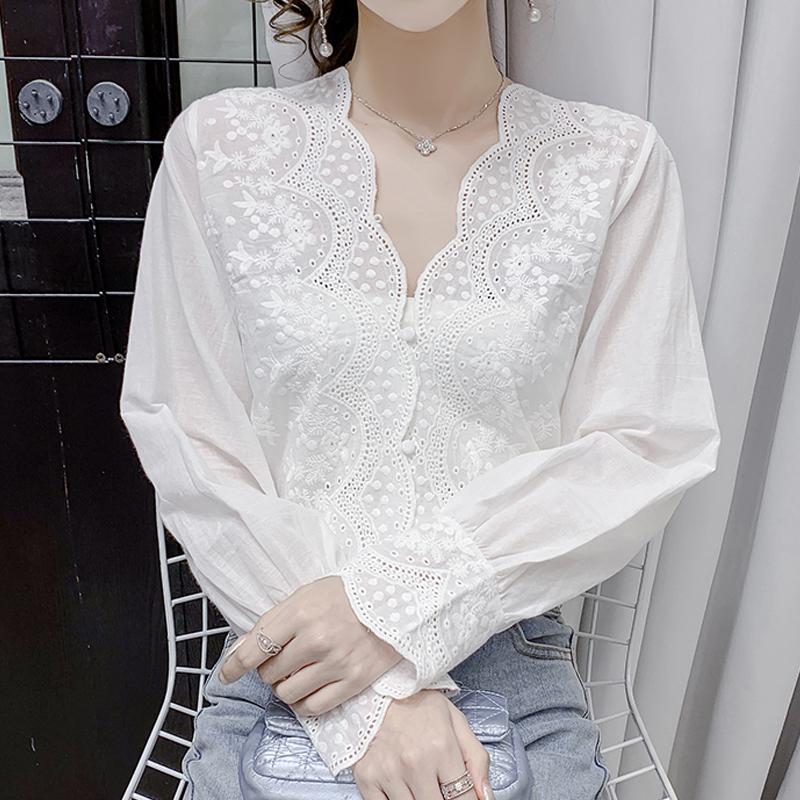 Embroidered Elegant White Lace Blouse Women V-neck Vintage Woman Shirt Wavy Cut Long Sleeve Blouses Office Lady Tops 17381