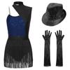 Womens Latin Jazz Dance Outfit Cutout Sleeveless Leotard Shiny Sequins Contrast Color Patchwork Fringed Bodysuit Gloves Hat
