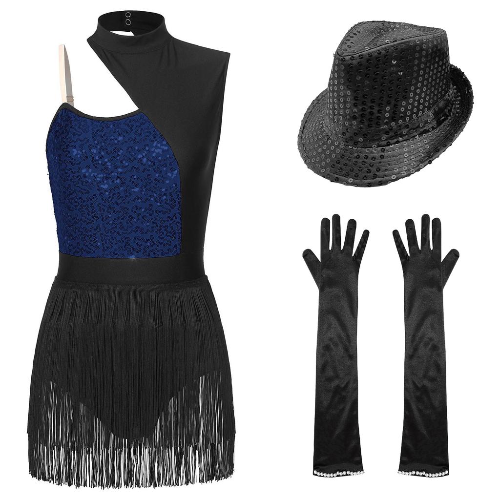 Womens Latin Jazz Dance Outfit Cutout Sleeveless Leotard Shiny Sequins Contrast Color Patchwork Fringed Bodysuit Gloves Hat