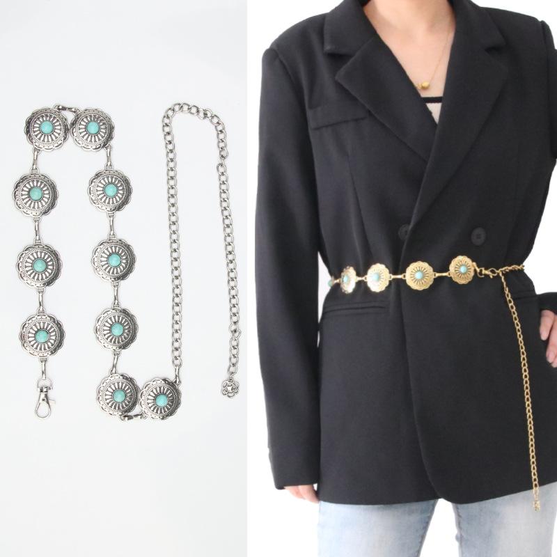Vintage Metallic Waist Chain Women'S Dress Suit Accessories Agate Decorative Belt