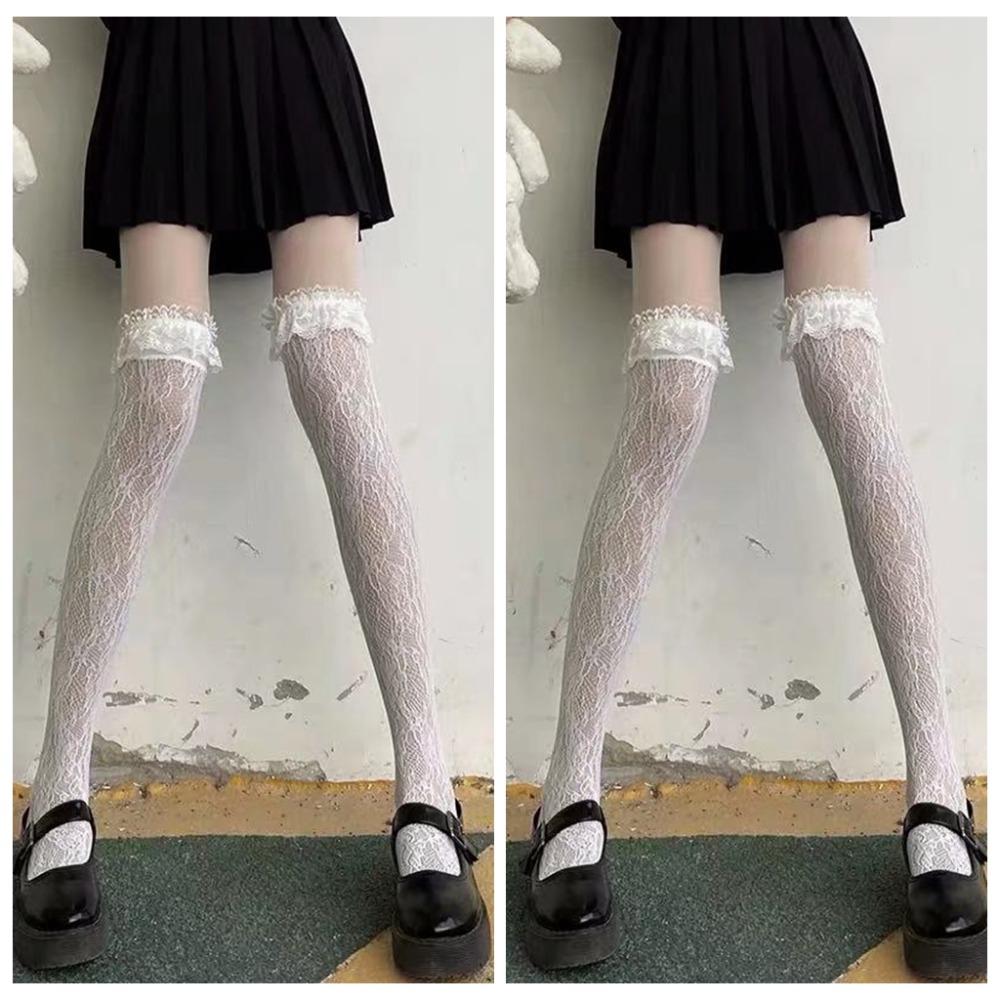 2Pairs Nylon Transparent Stockings Mesh High Tube Long Socks Sweet Lace Flower Stockings  Lady
