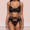 Women Sexy Lace Embroidery Bra Set 3 Piece Garters Push Up Bra Sexy Lingerie Sets Erotic Costumes Mesh Patchwork Perspective