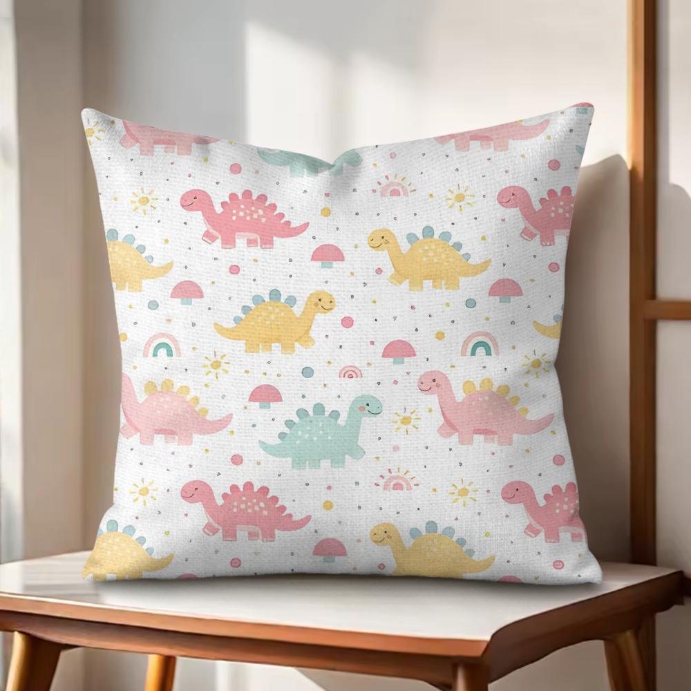 Cute Dinosaur Rainbow Cushion Cover Natural Linen Organic Fabric DoubleSided Printing Couch Pillow Covers Home Decor Gift