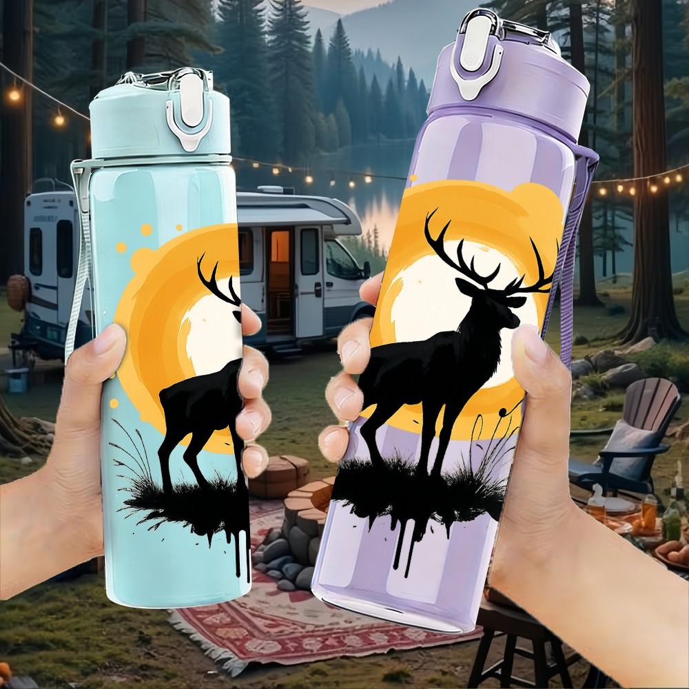 1PC Moon Elk Silhouette Pattern 750ml Color Plastic Sports Water Bottle Leakproof Flip Straw Lid Suitable for Sports Office Home Use