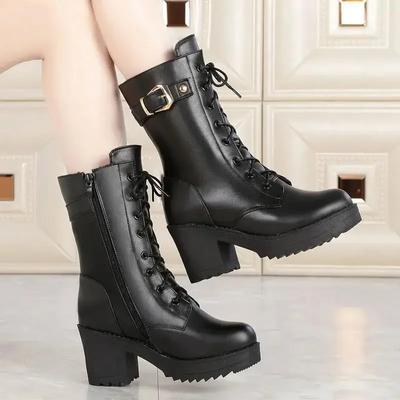 Зимние женские сапоги Sponge Snow Plus Velvet утолщенные на высоком каблуке средней длины короткие хлопковые однотонные новые туфли туфли на платформе