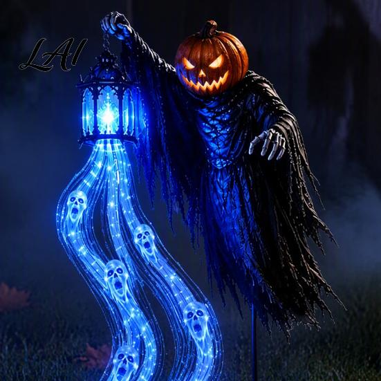 Spooky Yard Scene Accessories Halloween Soul Harvester Solar Garden Stake Light Animated Ghost Lantern with LED Skeleton Pathway Stakes Flowing Eyes,
