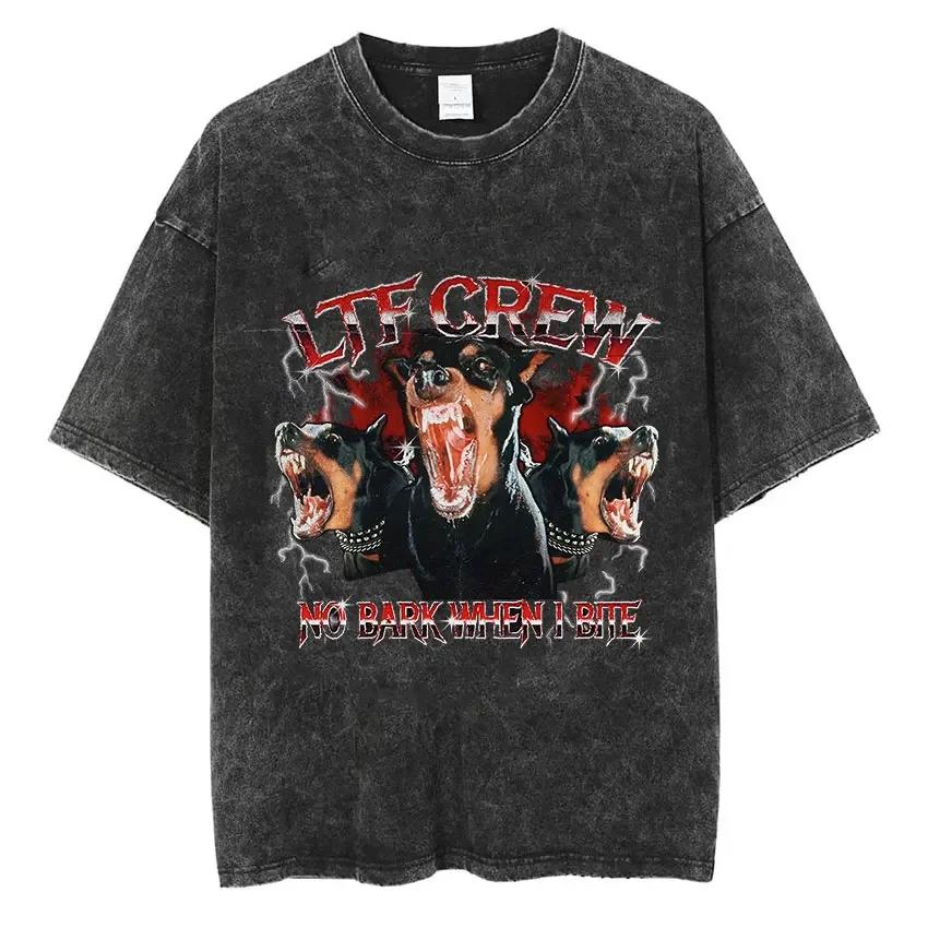 Винтажная футболка с вареным эффектом Ротвейлер Доберман Мужская хип-хоп трендовая футболка с коротким рукавом Мужская модная футболка оверсайз Уличная одежда