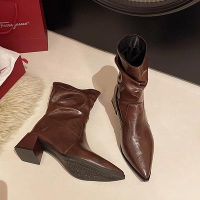 2025 Новые Элегантные Женские Кожаные Ботильоны на Толстом Высоком Каблуке Осенне-Зимние Короткие Ботинки Женские Ботинки для Офисной Леди