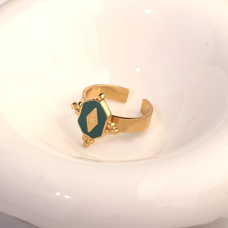 Французское Ретро 18K Позолоченная Нержавеющая Сталь Эмалированное Открытое Кольцо для Женщин