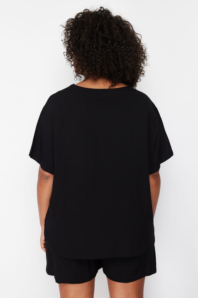 Women's Fashion New Plus Big Size Pajama Set Black Crew Neck Woven Pajama Set