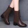 Shoes for Woman Lace-up Leather Footwear Middle Heel Women's Boots Round Toe Brown with Laces Winter 2024 Novelty High Quality