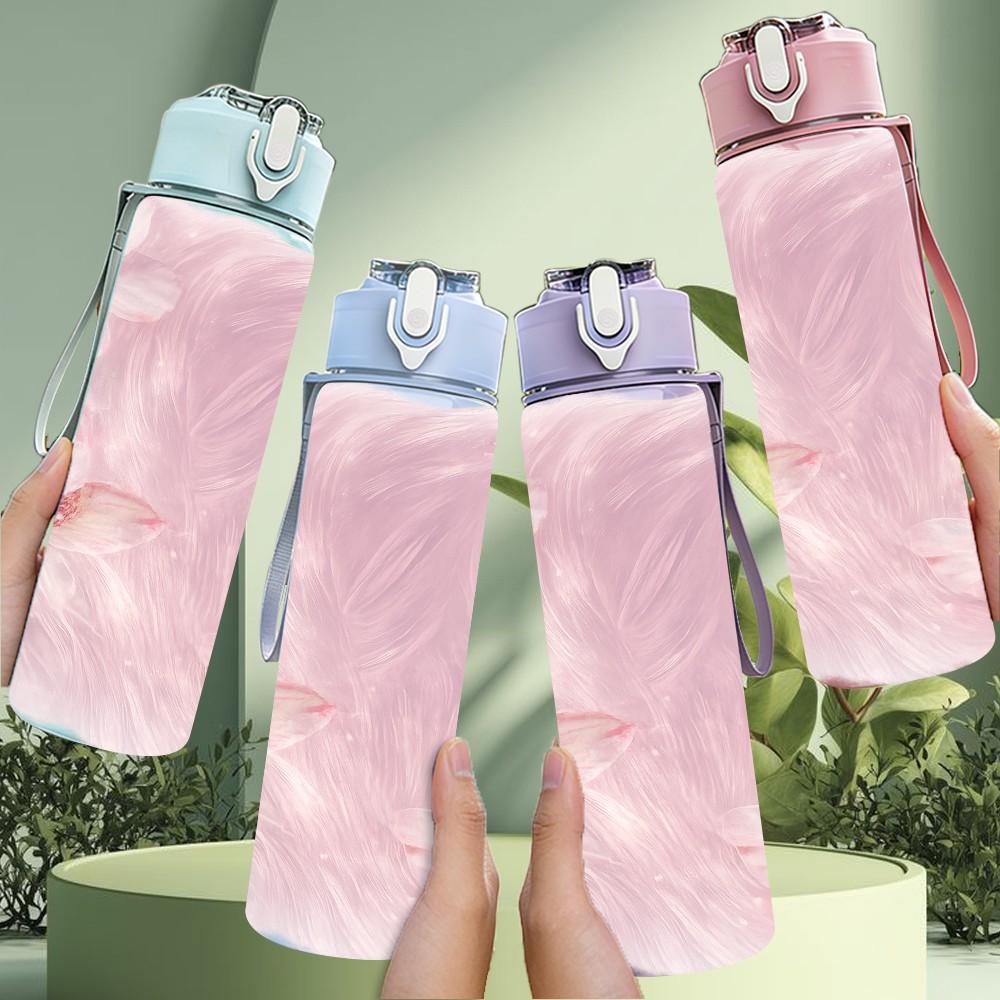 1PC Soft Pink Feather Cloud Texture Print 750ml Color Plastic Sports Water Bottle Leakproof Flip Straw Lid Suitable for Sports Office Home Use