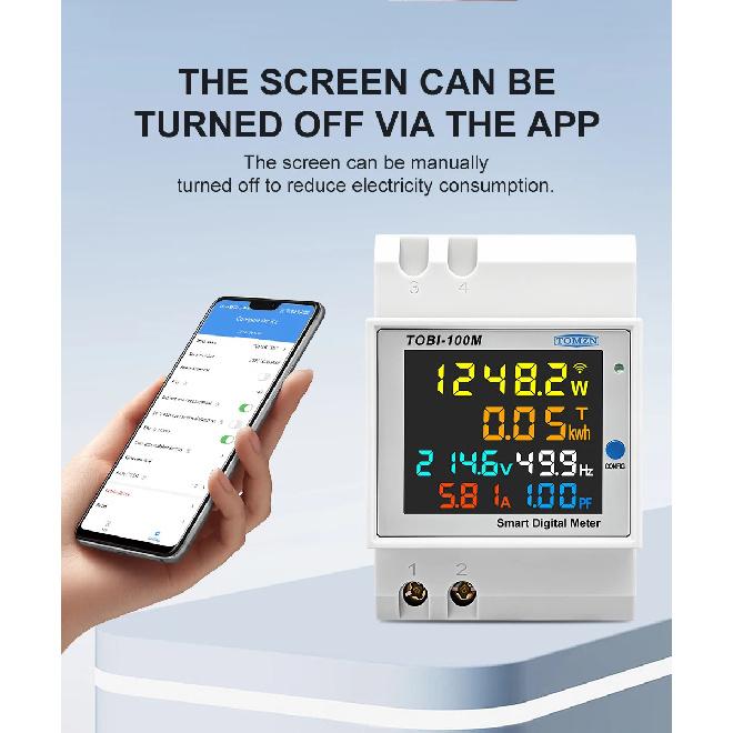 TOMZN 6-in-1 WiFi Smart Meter – Voltage, Current, Power, Energy, Frequency, PF, Timer, with Internal/External CT