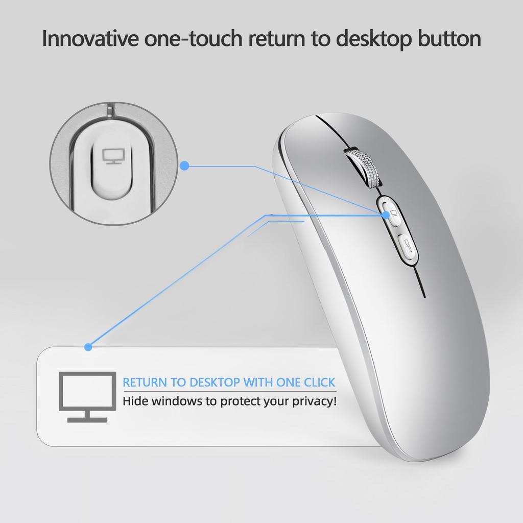 HOENGAGER Беспроводная Bluetooth-мышь Перезаряжаемая, Бесшумная, Тонкая, Эргономичный дизайн Двойной режим (Bluetooth и USB), Кнопка возврата на рабочий стол в один клик