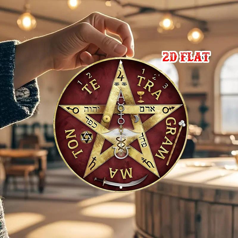 Круглый алюминиевый знак D-flat с оккультными символами D-flat Размером X дюймов Демонстрирующий эзотерическое искусство и