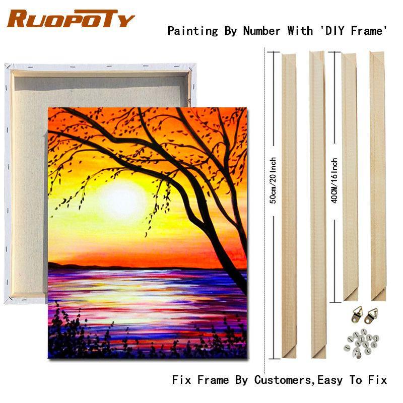 RUOPOTY Картина по номерам, пейзаж заката, рисунок на холсте, ручная роспись, домашний декор, подарок, картина по номерам, наборы для морского пляжа